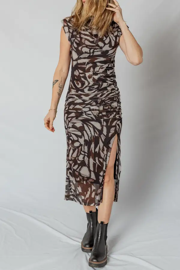 Abstract Print Cap Sleeve Cowl Neck Side Slit Mesh Midi Dress