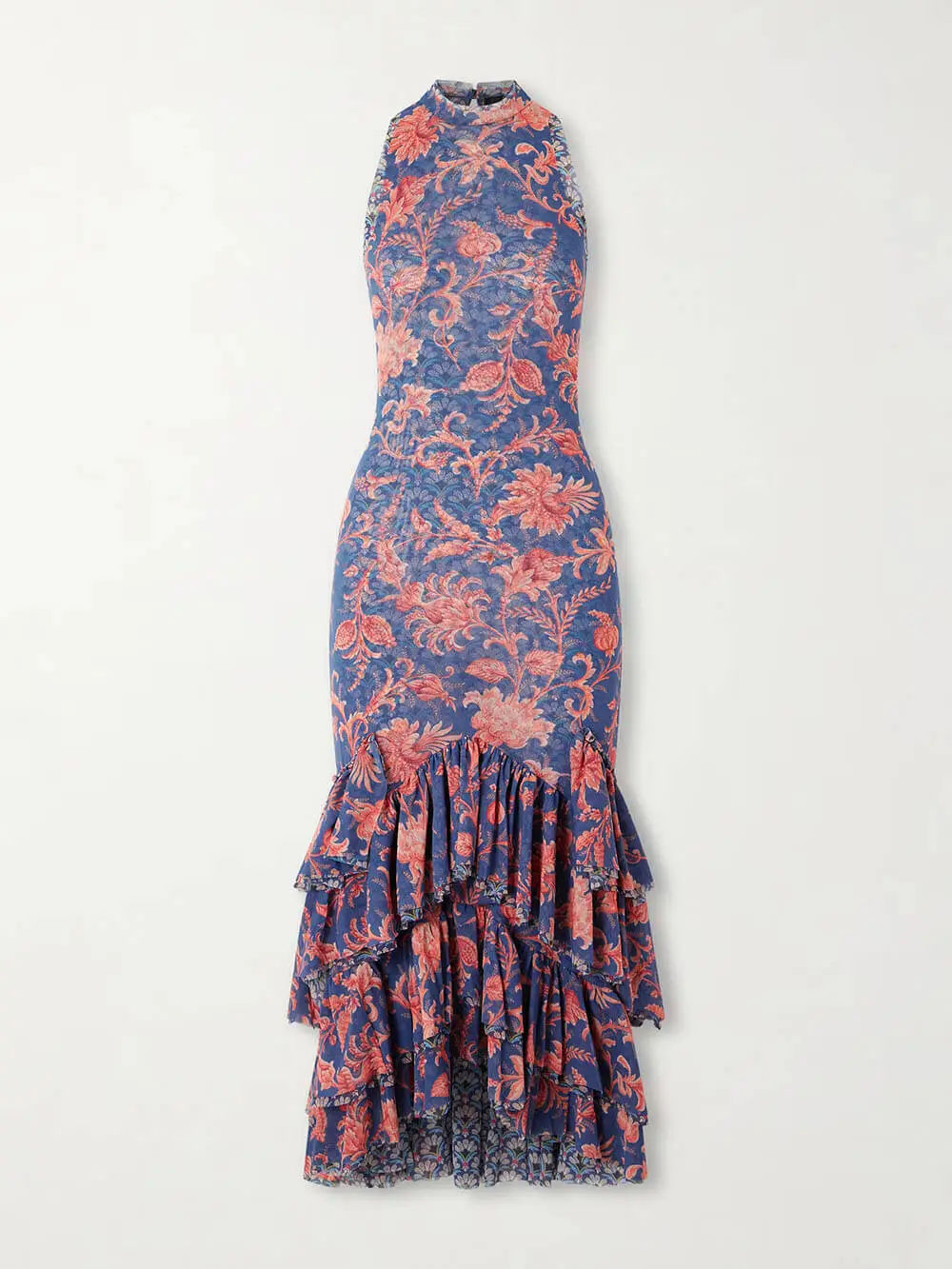 Fashionable Ruffled Paisley Print Tulle Midi Dress