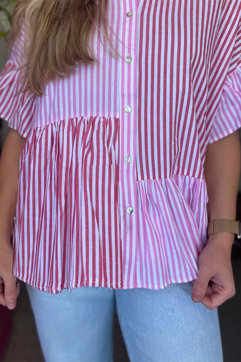 Ruffle Sleeve Button Front Button Front Blouse