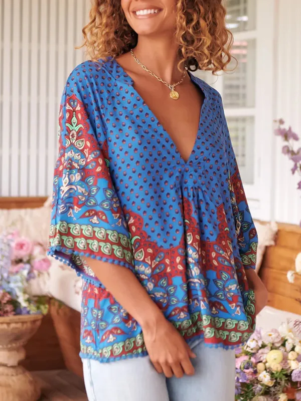 Boho V-neck position-print shirt