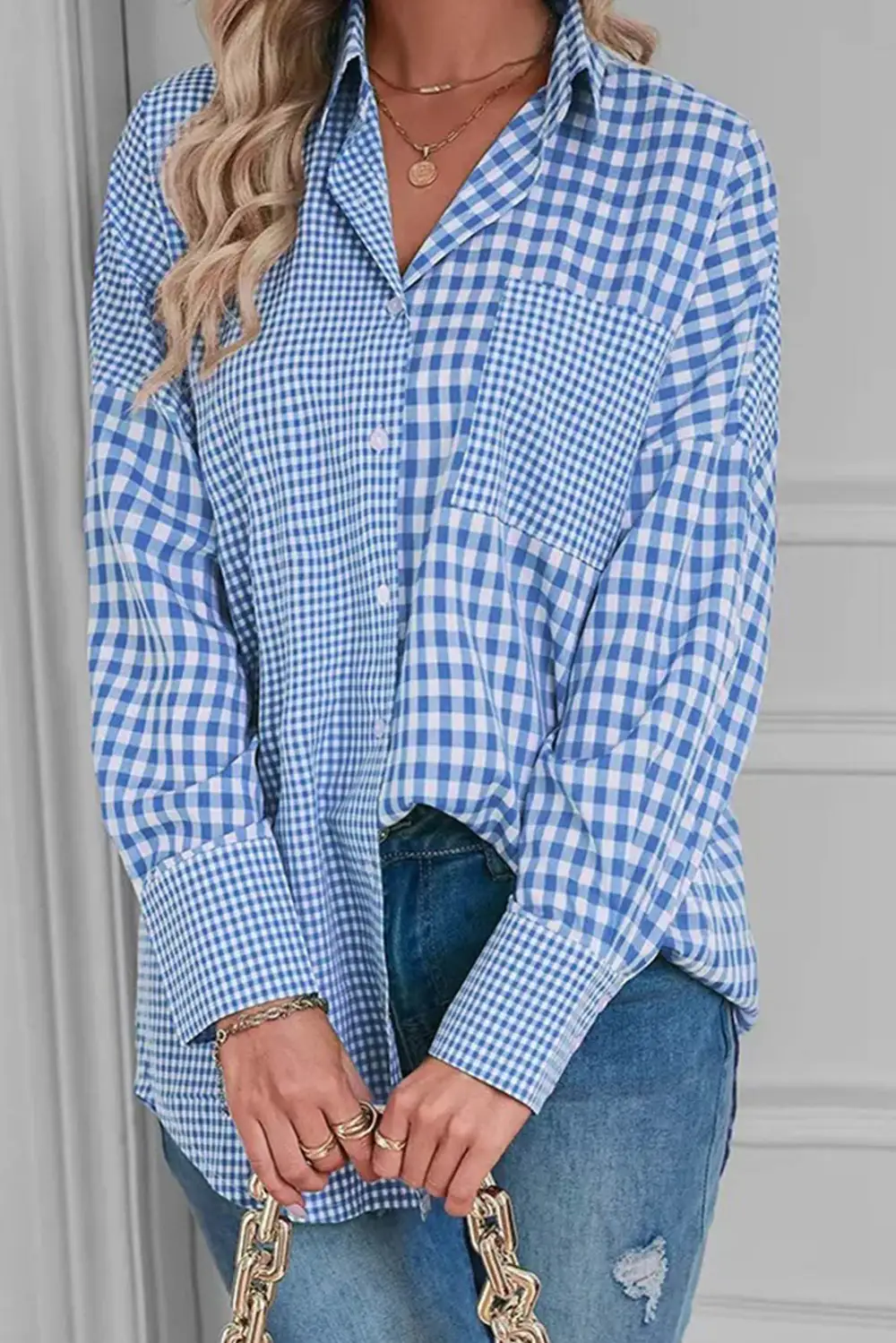 Sky Blue Stripe Plaid Patchwork Button Up Long Sleeve Shirt