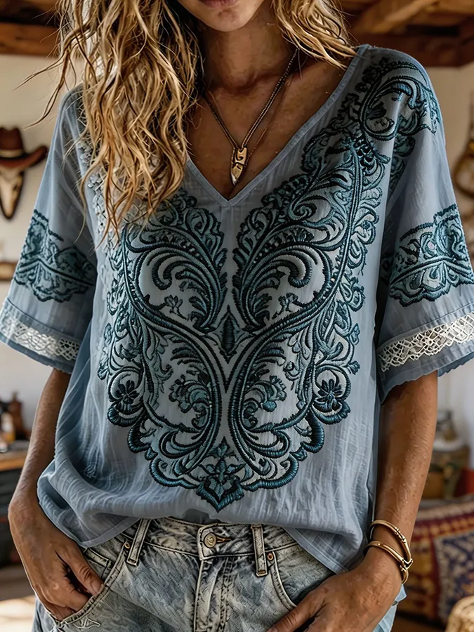 Women's Turquoise Paisley Embroidered Boho Western V-Neck Blouse