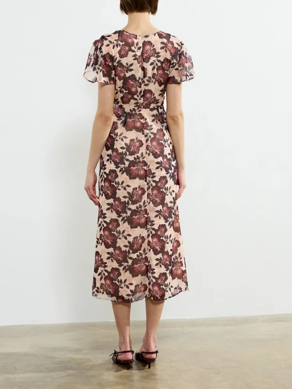 Fashion High Waist Floral V-Neck Short Sleeve Long Dress