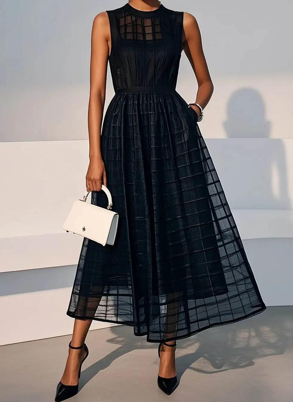 Elegant Sheer Mesh Pattern Midi Dress