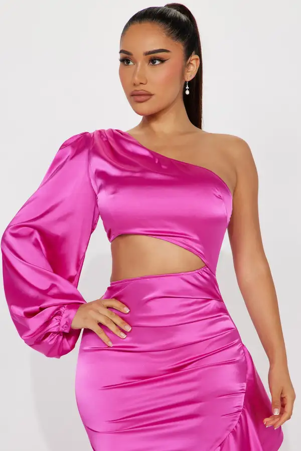 Genesis Ruffle Satin Maxi Dress - Fuchsia