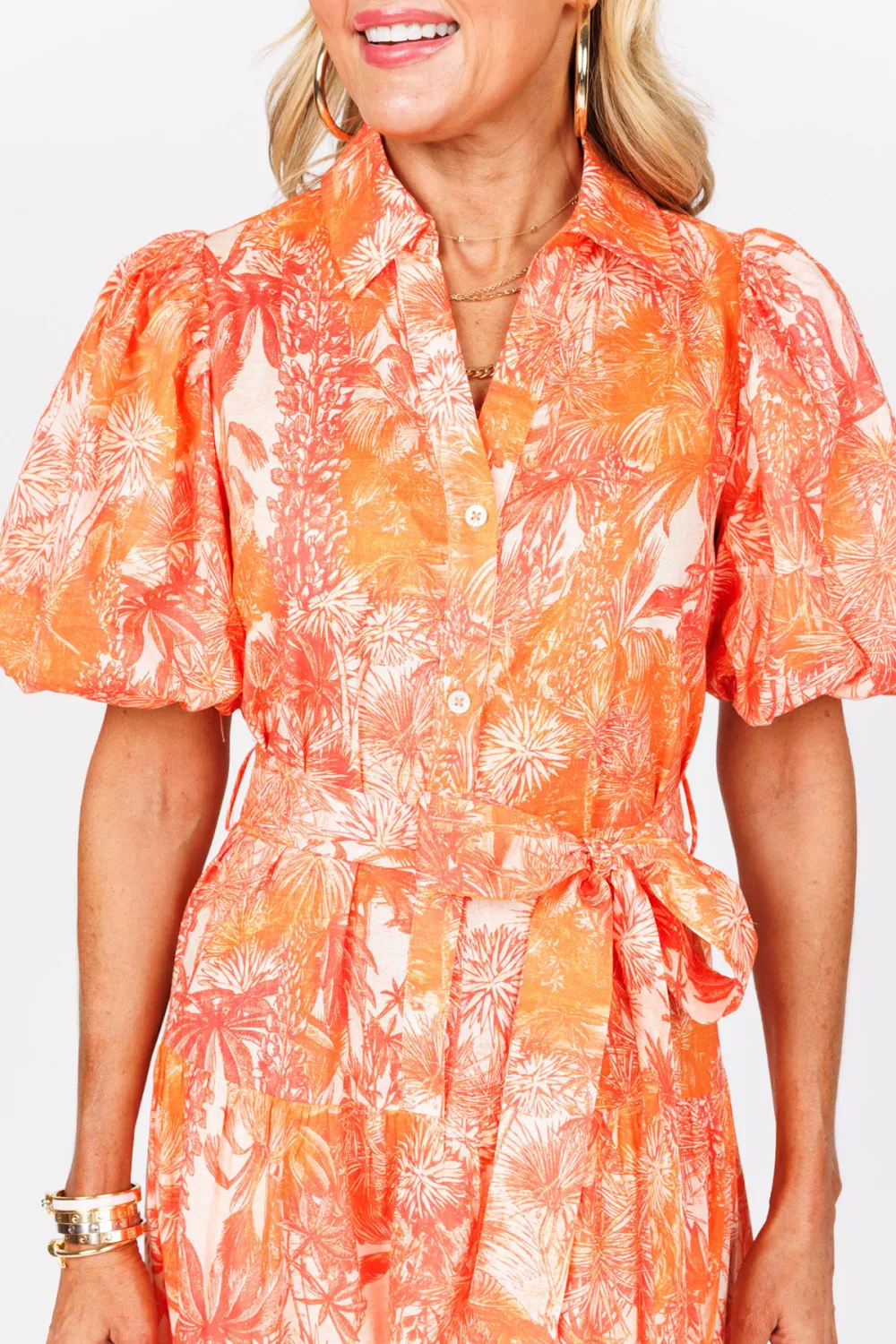 Orange Puff Sleeve Tie-Waist Midi Dress