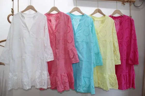 Eyelet Long Sleeve Short Daily Dress