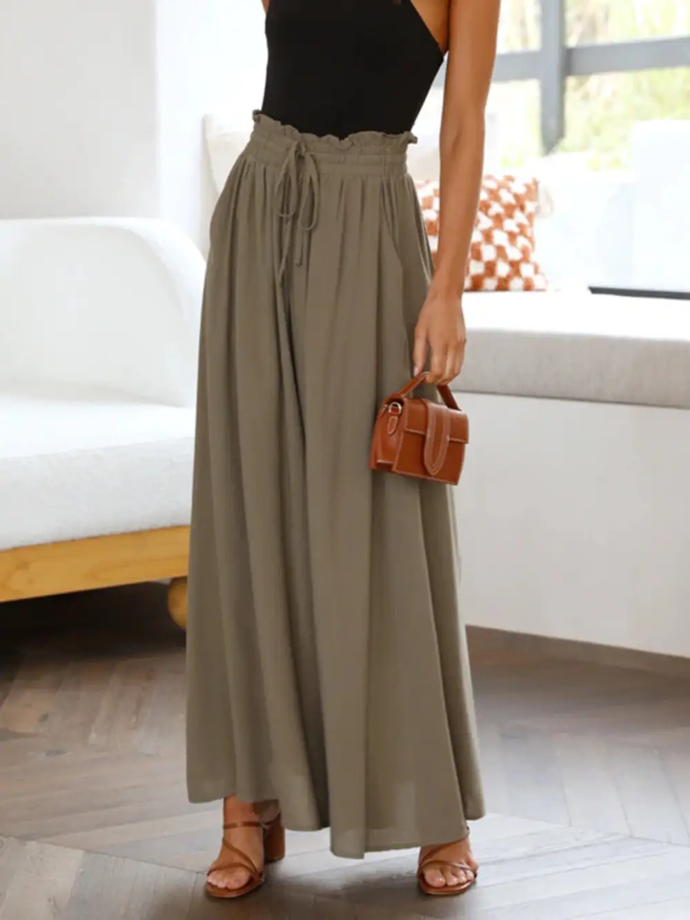 Textured Wide Leg Pants With Pocket