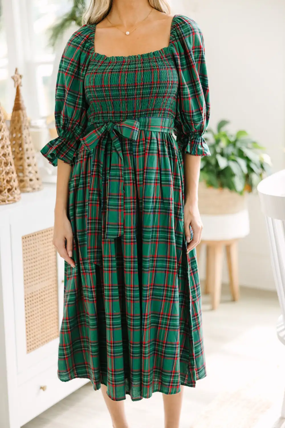 Plaid Puff Sleeve Square Neck Flared Knotted Midi Dress