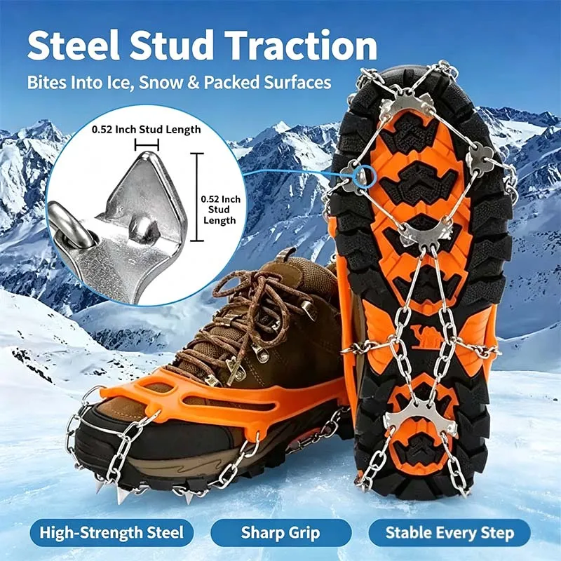 Outdoor 8-Tooth / 10-Tooth Ice Cleats Anti-Slip Shoe Covers, Sole Spike Chain Grips for Men Women, Snow Ice Traction Crampons