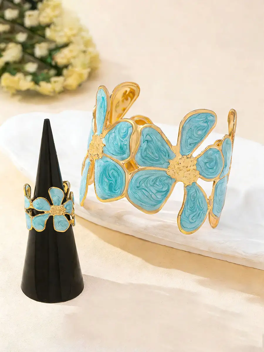 Floral Bracelet And Alloy Bracelet And Ring Set