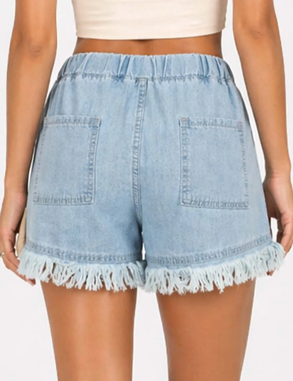 Drawstring Waist Frayed Hem Denim Shorts