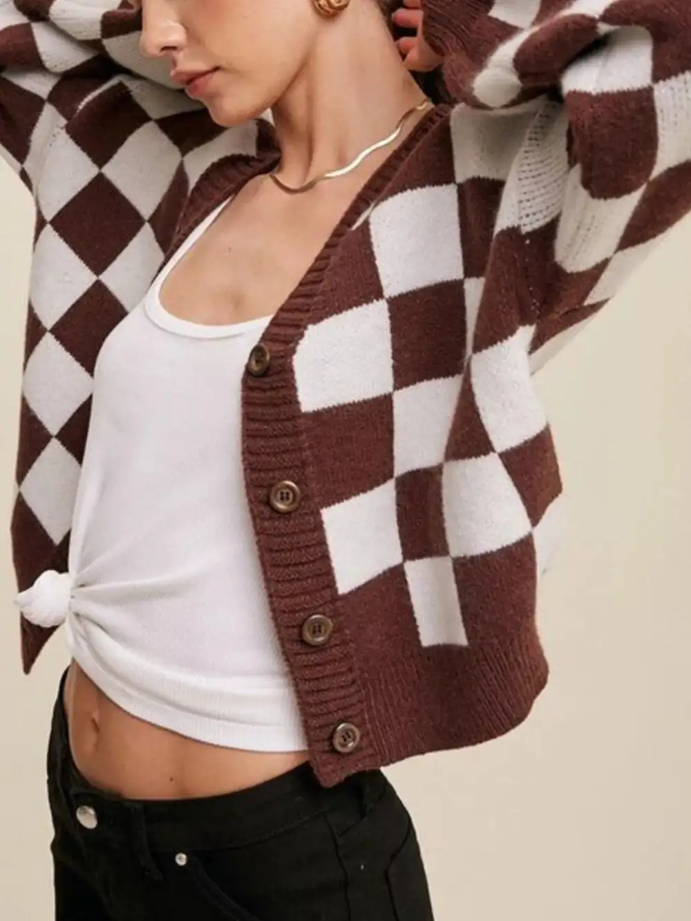 Checkerboard Pattern Button Down Cardigan