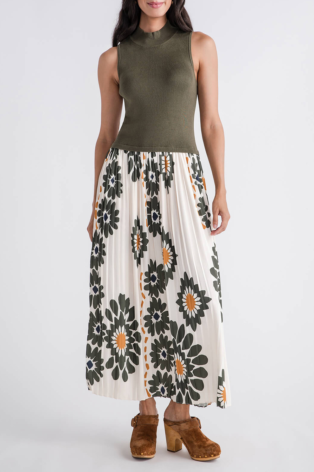 Skies Are Blue Printed Pleated Midi Dress - cream-olive