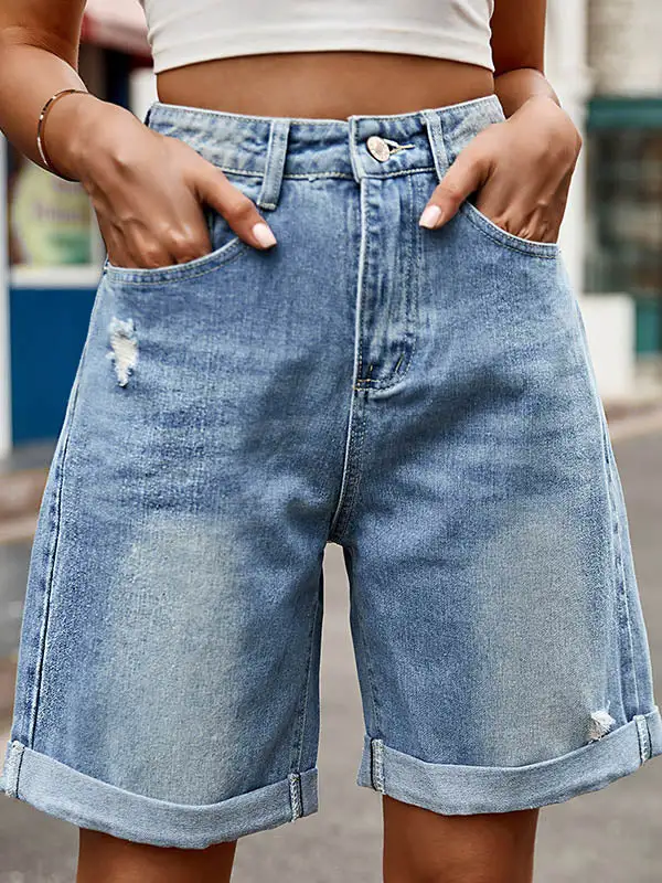 Hoog Getailleerde Losse Zakken Met Knopen Jeansbroeken Shorts
