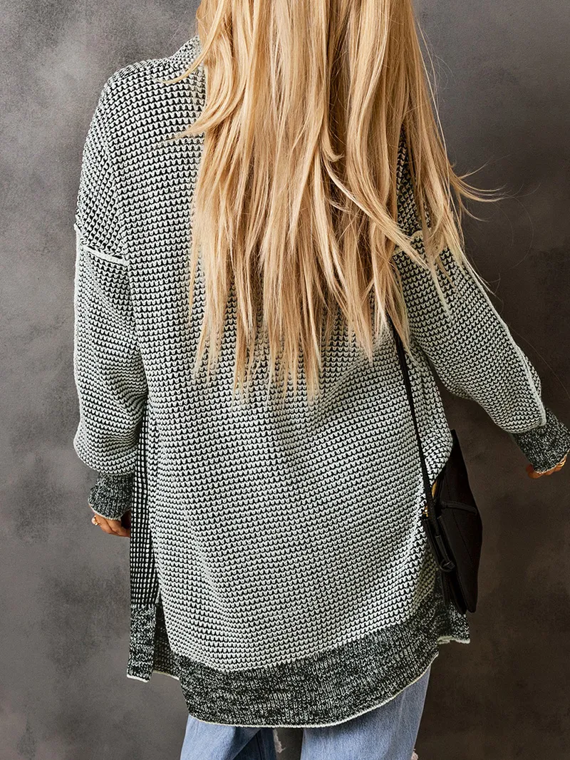 Gray Plaid Knitted Long Open Front Cardigan