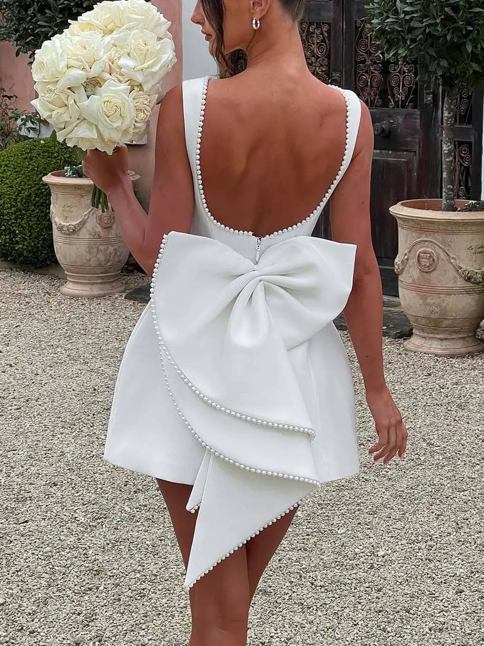 Pearl Bow Fitted Elegant Mini Dress