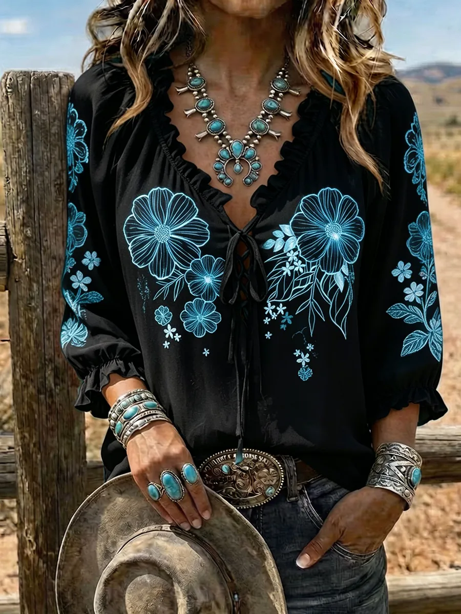 Women's Ombre Floral Print Lace-Up Western Blouse