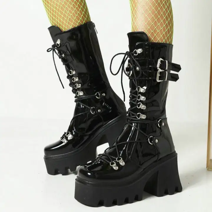 Chunky Platform Motorcycle Boots Buckle Strap Biker Boots
