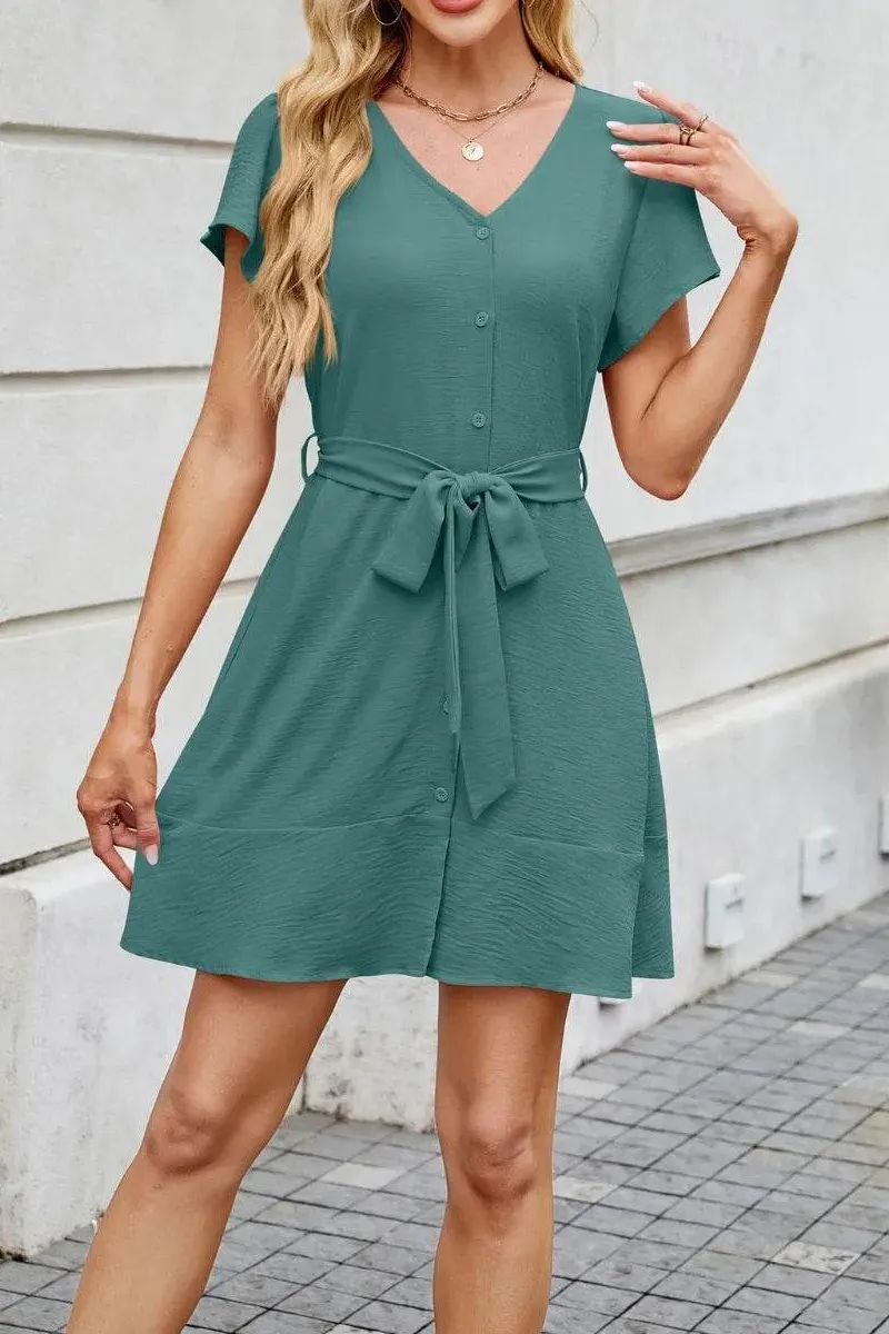 Button Front Tie Waist Mini Shirt Dress