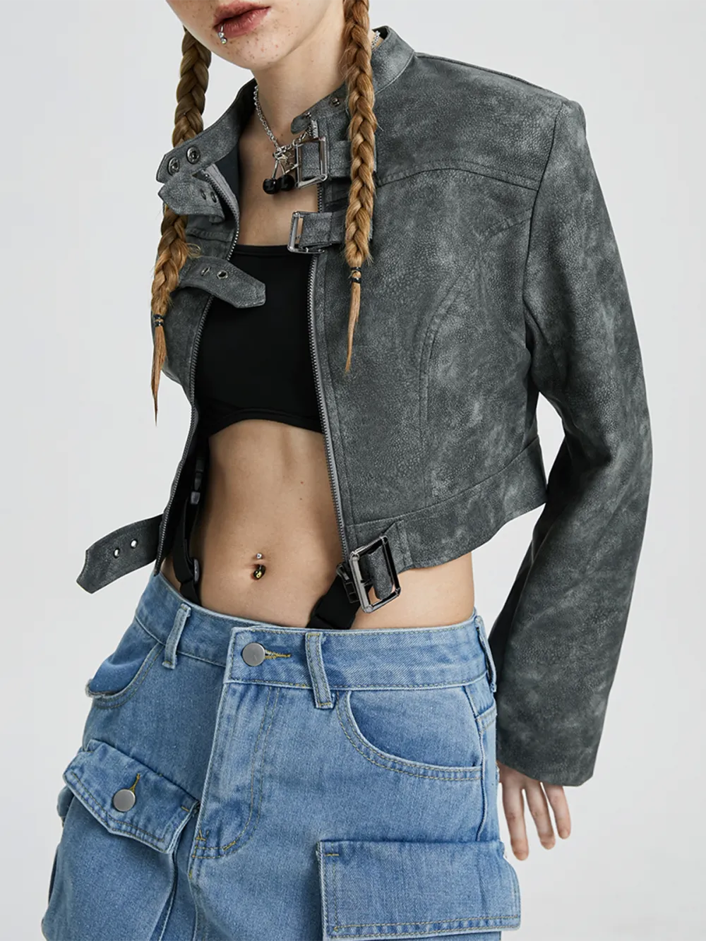Pu Stand Collar Long Sleeve Jacket