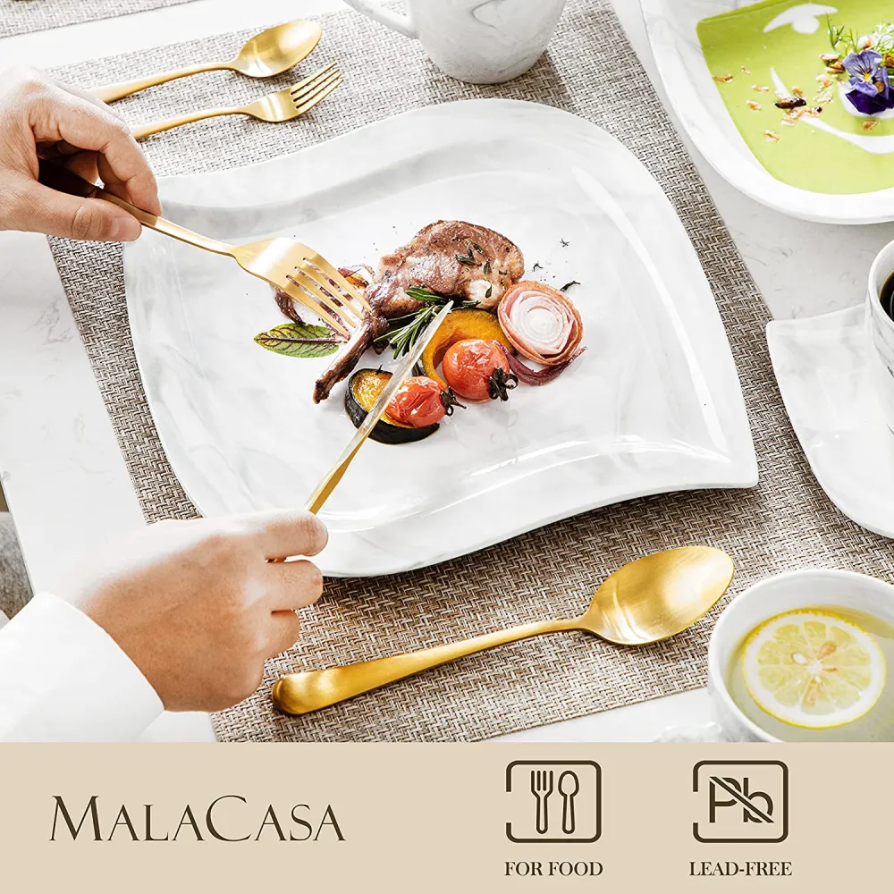 MALACASA Dish Set for 12, 60 Piece Marble Grey Square Dinnerware Sets, Porcelain Dinner Set with Plates and Bowls Sets, Cups and Saucers, Dishware Sets Kitchen Dishes Microwave Safe, Series Blance