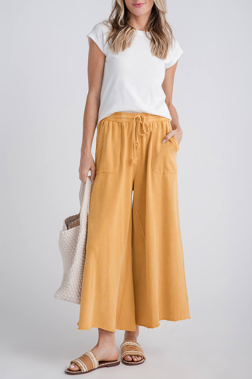 Easel Wide Leg Knit Pants - mustard