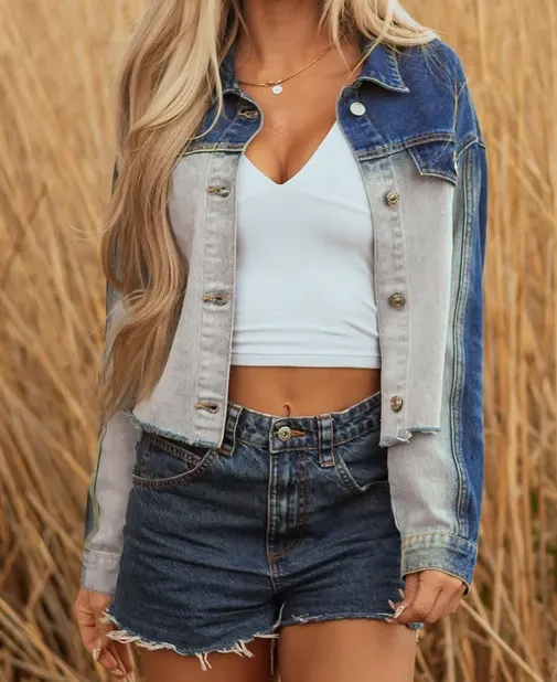 Distressed Patchwork Cropped Denim Jacket