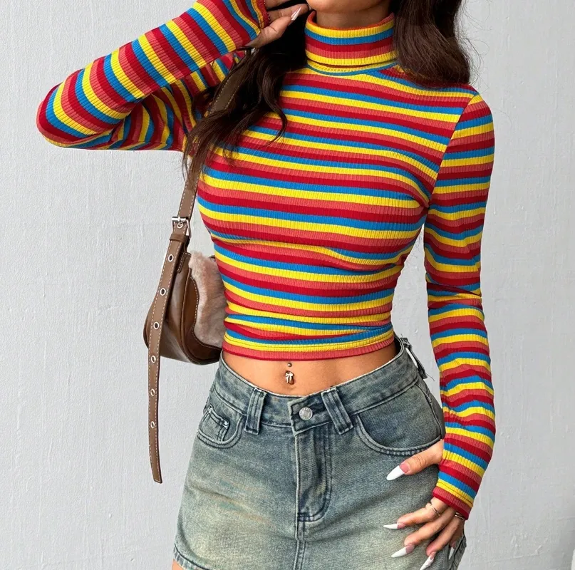 Women's Stand-Collar Crop Colorblock Striped Rainbow Stripe Top