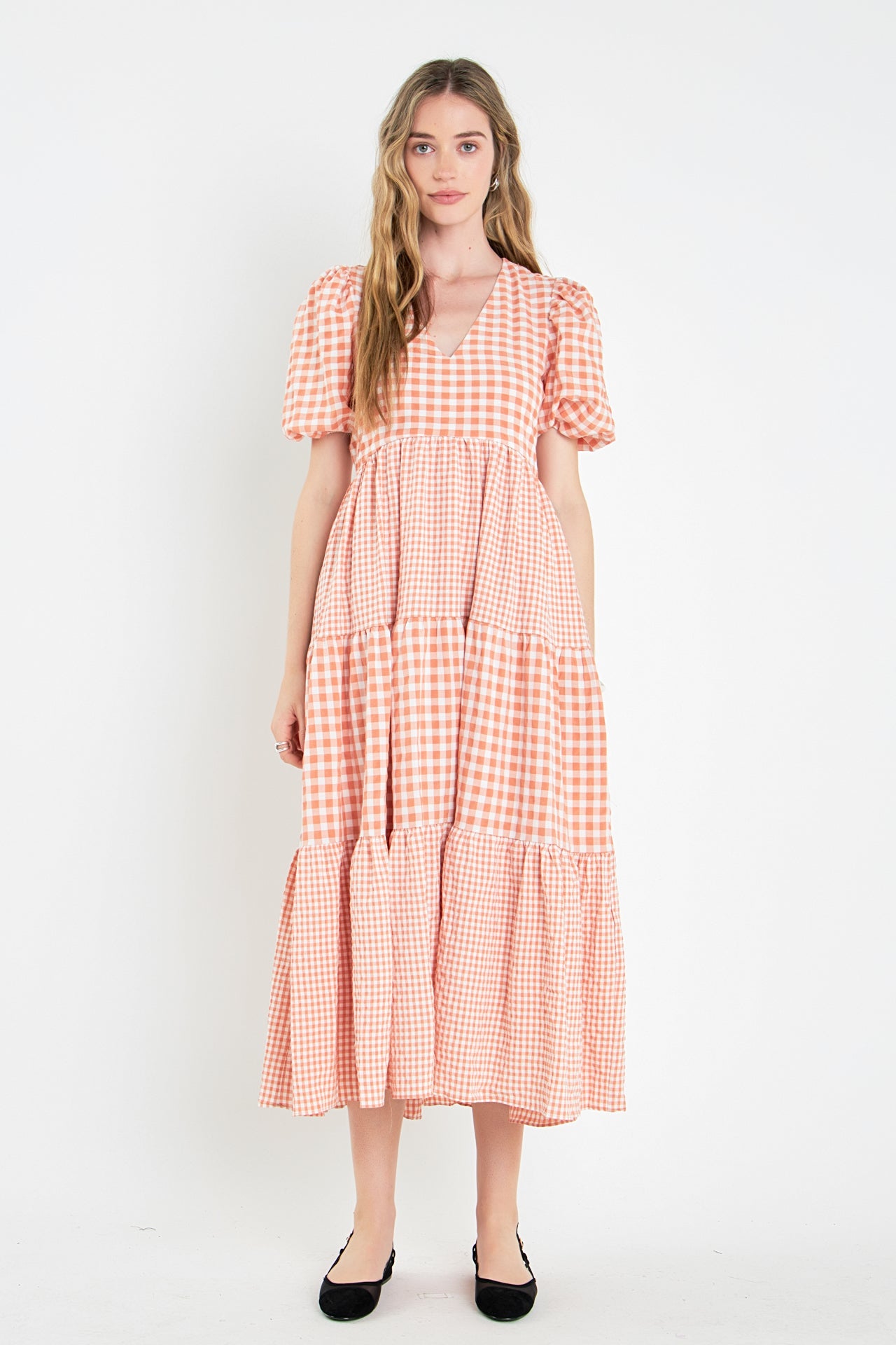 Gingham Check Combination Midi Dress