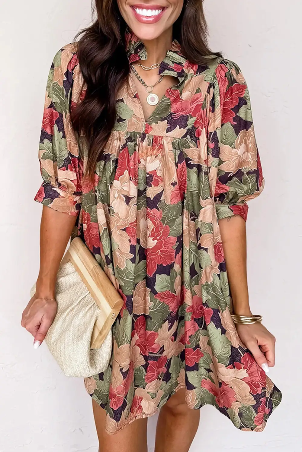 Frilled Collar V Neck Half Sleeve Mini Dress