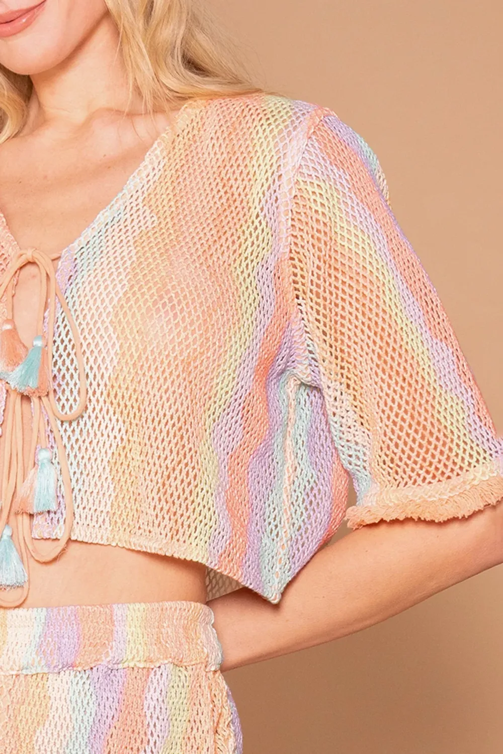 Pastel Colored Mesh Tie Front Crop Top