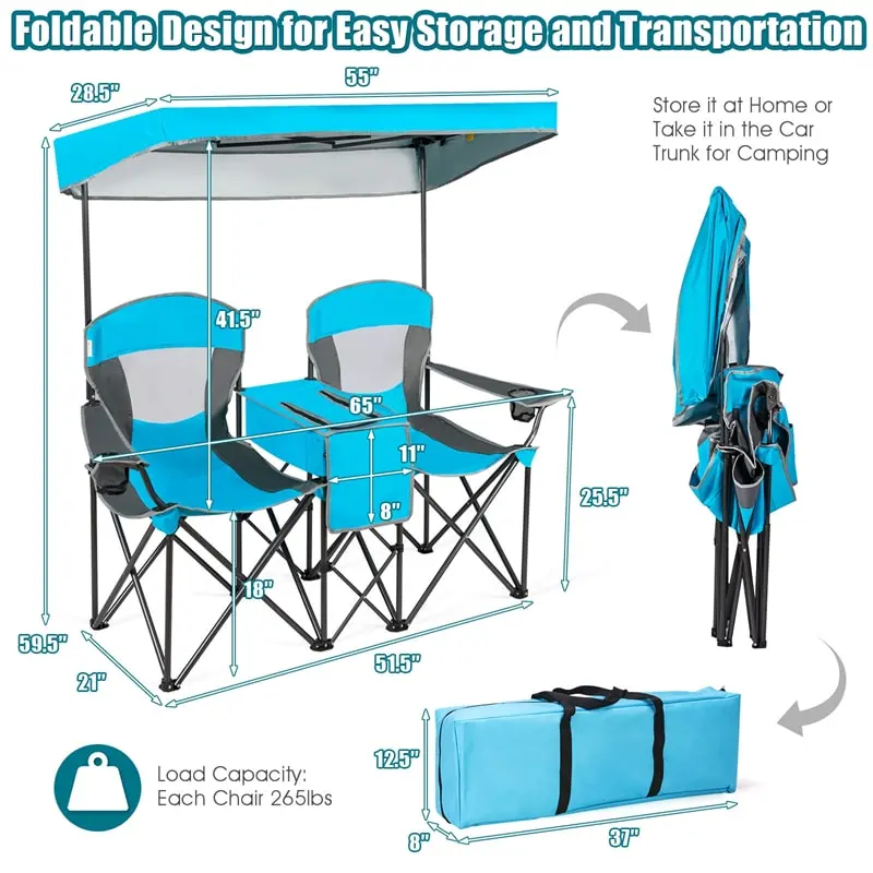 Folding Double Camping Chairs with Shade Canopy Portable Beach Chairs with Cup Holder