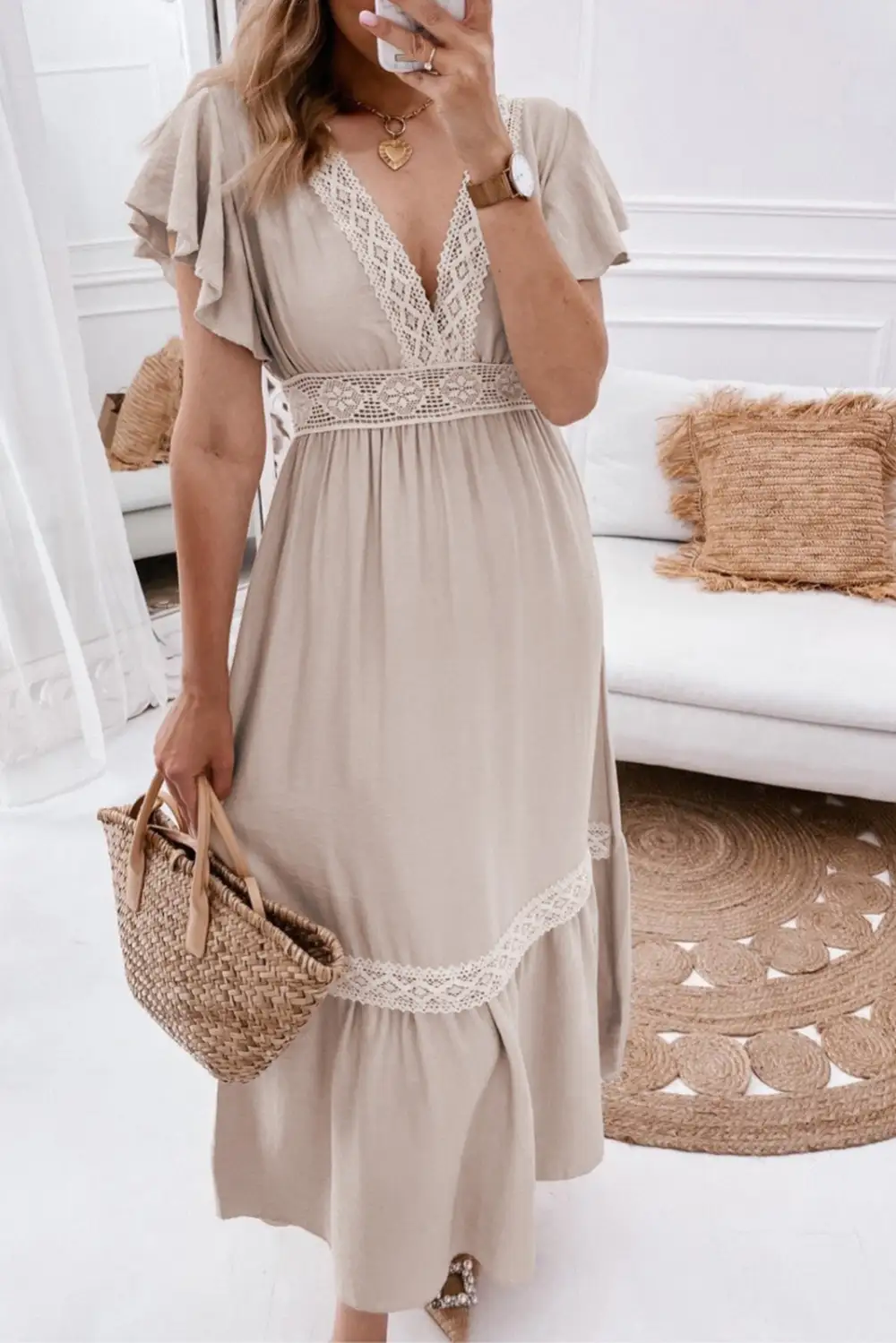 Oatmeal Lace V-Neck Ruffled Sleeve Empire Waist Dress