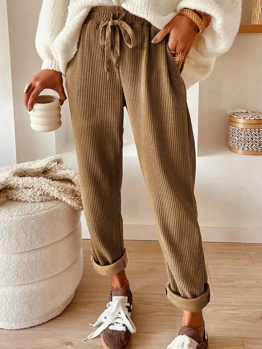 Corduroy Drawstring Waist Pants