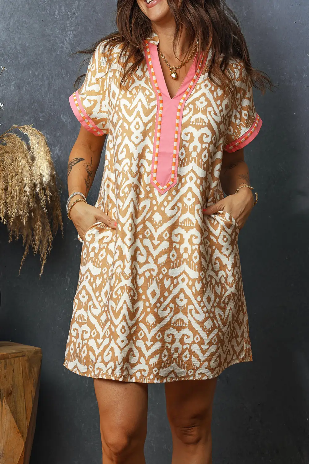 Western Print Striped Color Block Patchwork Shift Mini Dress Simple