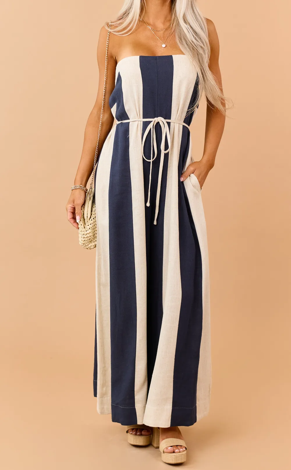 Navy Colorblock Stripe Linen Blend Strapless