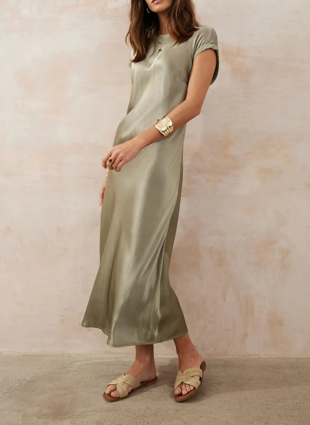 Casual Style Crew Neck Satin Midi Dress