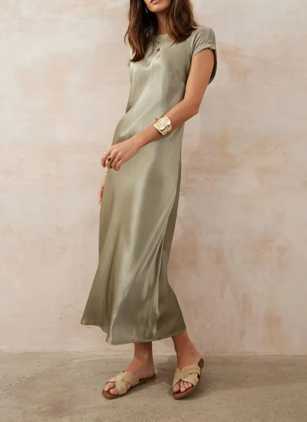 Casual Style Crew Neck Satin Midi Dress