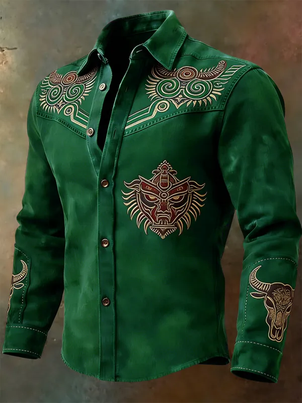 Men's Tribal Bull & Mythical Beast Embroidered Long Sleeve Shirt