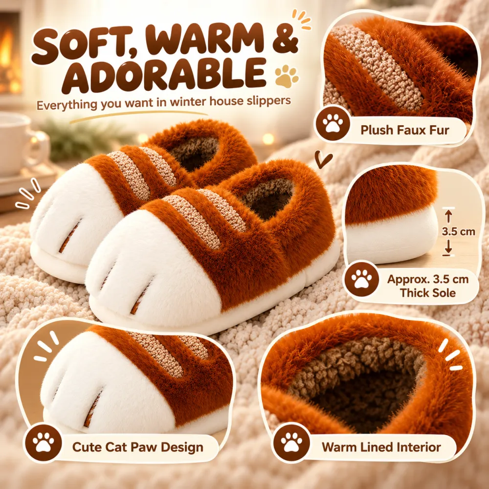 Cat Paw Plush Slippers Fleece-Lined Thick Warm