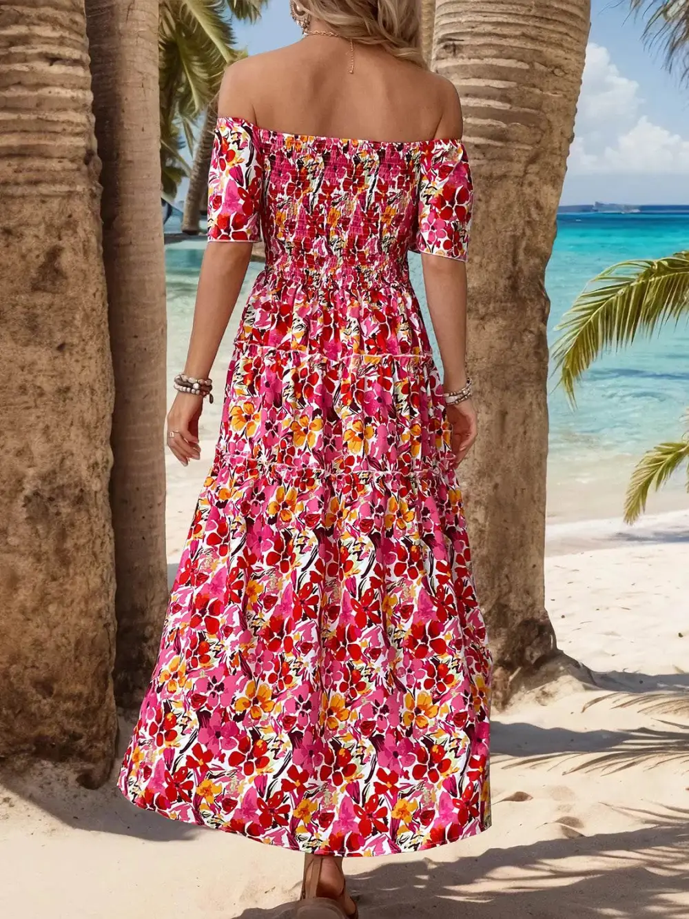 Floral Off Shoulder Slit Casual Dress