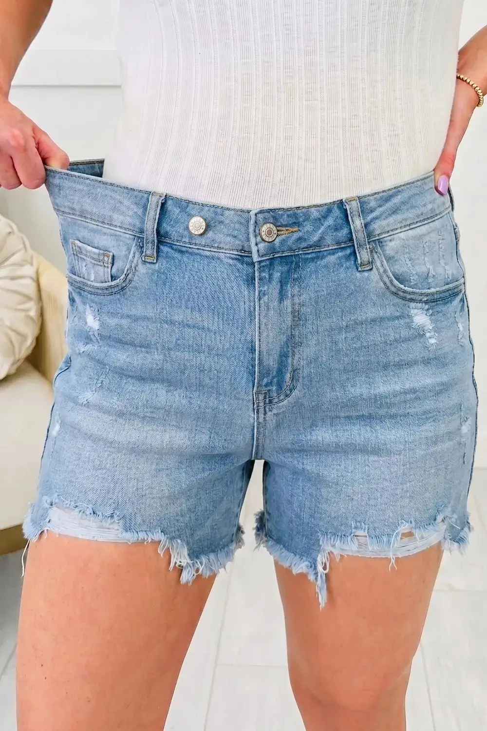 Asymmetric Raw Hem Distressed Casual Shorts