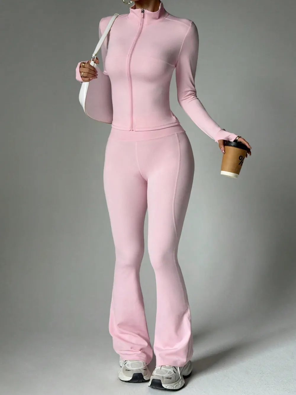 Women's Nude Yoga Set — Zip-Up Long Sleeve Jacket, High-Waist Flared Pants, Solid Backless Top, Soft-Touch Athletic Activewear