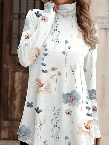 Casual Floral Half Turtleneck Long Sleeve T-shirt