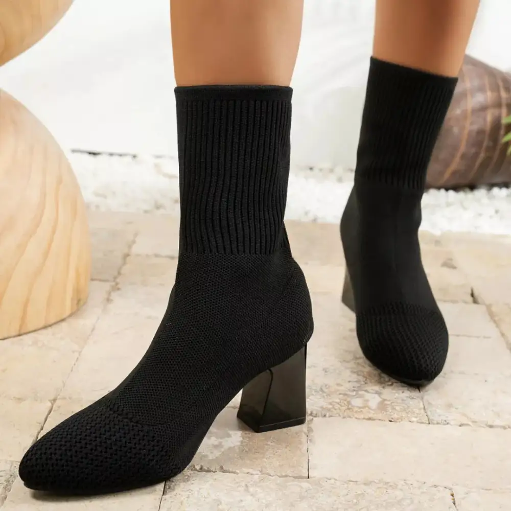 Pointed Toe Knit Sock Boots with Block Heel