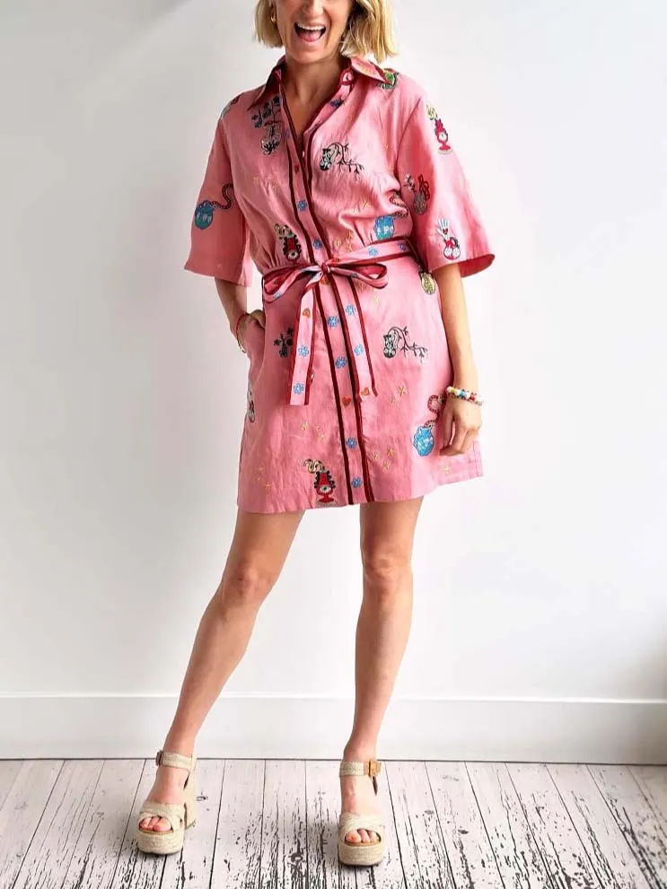 Casual Printed Shirt Collar Single Mini Dress