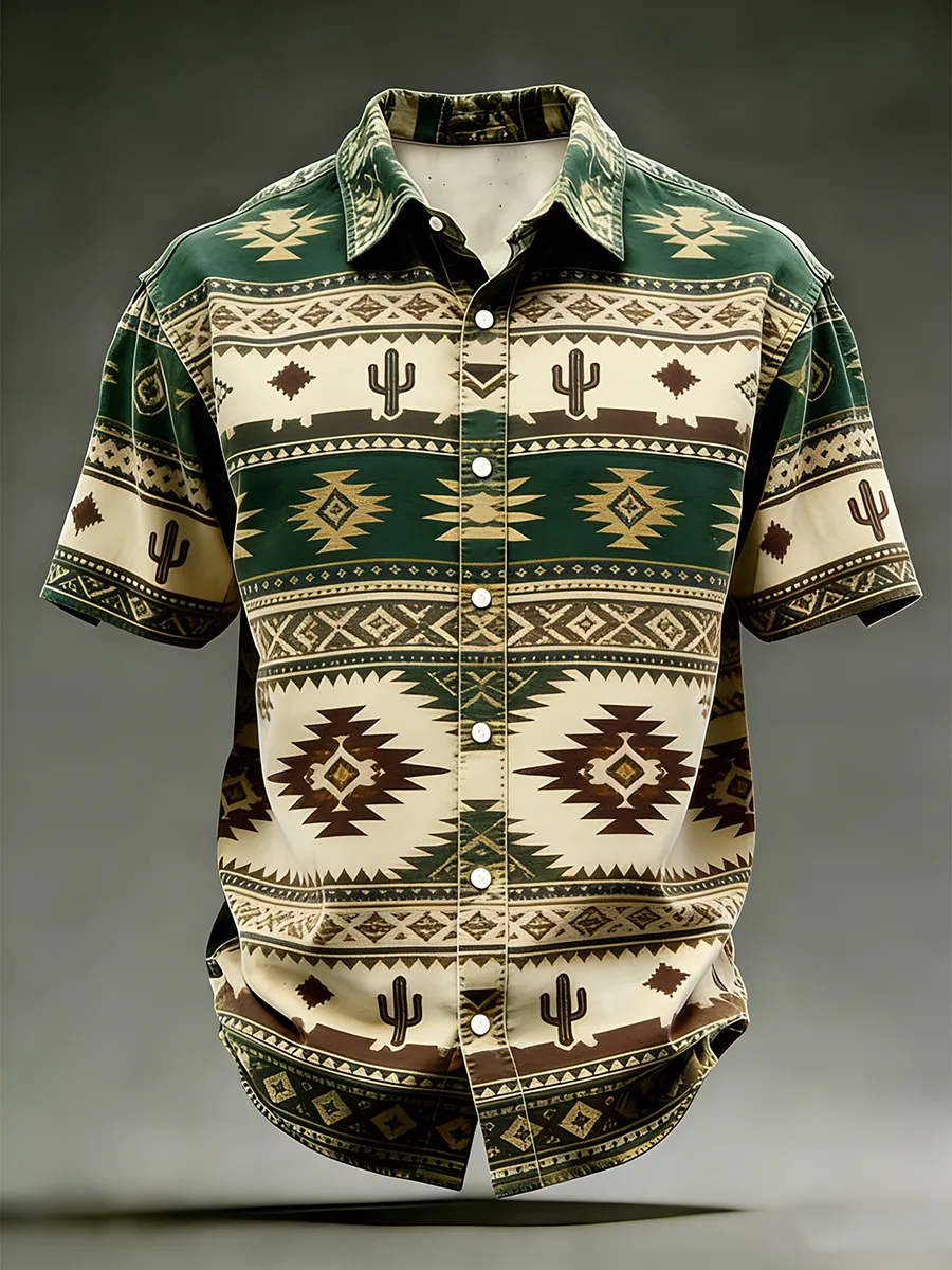 Men's Retro Cactus & Tribal Aztec Striped Short Sleeve Shirt