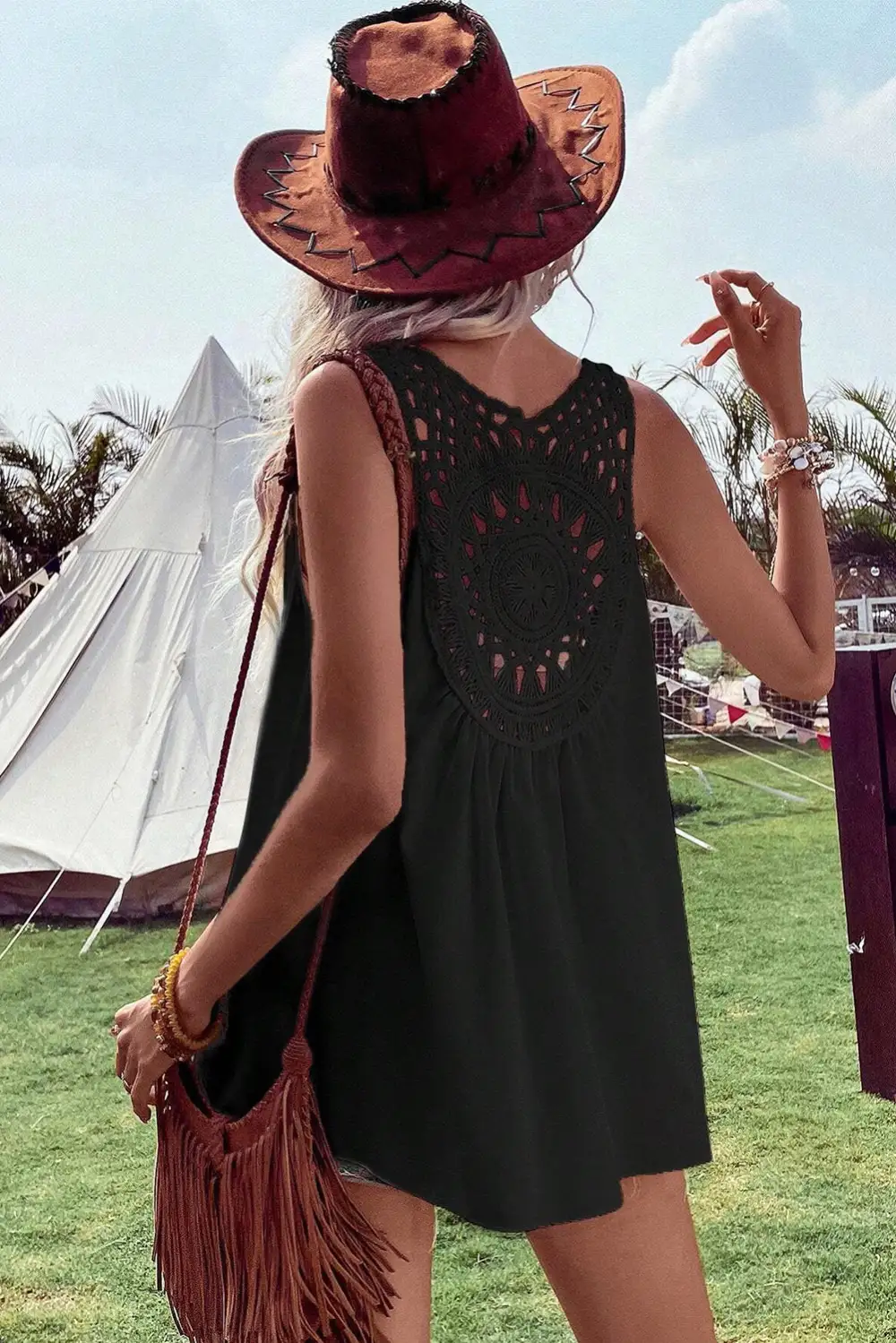 Bohemian Crochet Patchwork Sleeveless Tunic Top