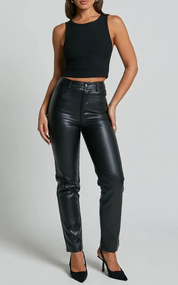 Mid Waist Straight Leg Faux Leather Pants in Black
